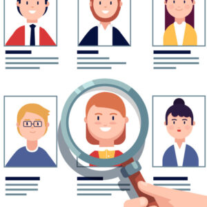 HR manager looking through a magnifying glass on job candidates. Employee hiring research concept. Modern colorful flat style vector illustration isolated on white background.